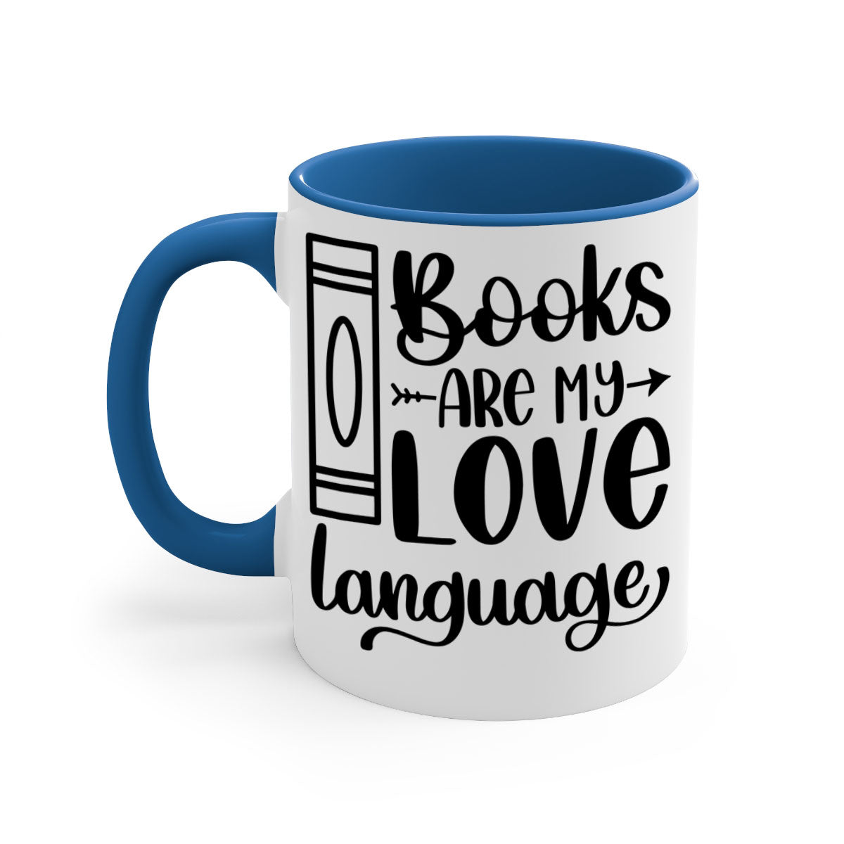 A stylish two-tone ceramic mug with the phrase 'Books Are My Love Language', featuring a colored handle and glossy finish.
