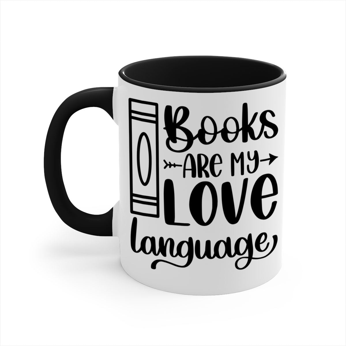 A stylish two-tone ceramic mug with the phrase 'Books Are My Love Language', featuring a colored handle and glossy finish.