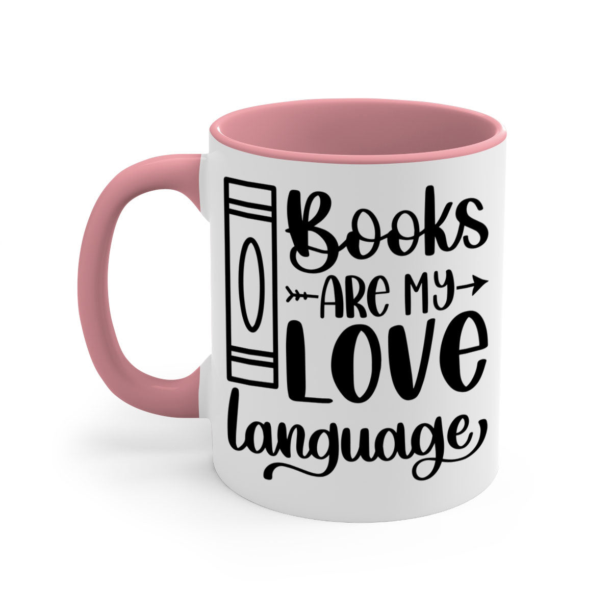 A stylish two-tone ceramic mug with the phrase 'Books Are My Love Language', featuring a colored handle and glossy finish.