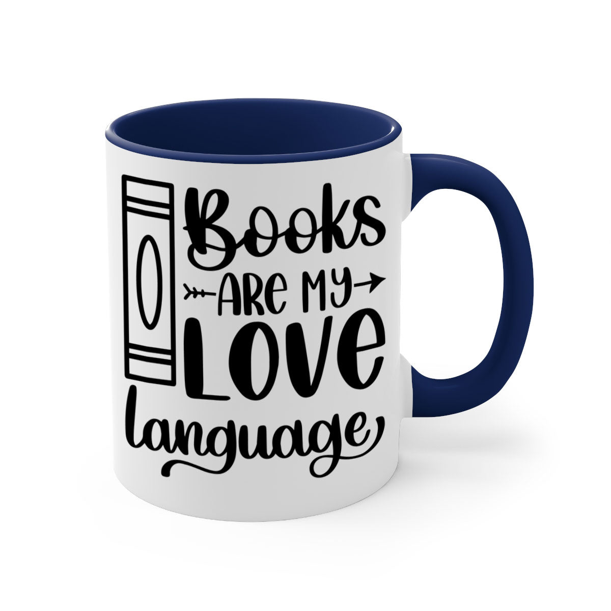 A stylish two-tone ceramic mug with the phrase 'Books Are My Love Language', featuring a colored handle and glossy finish.