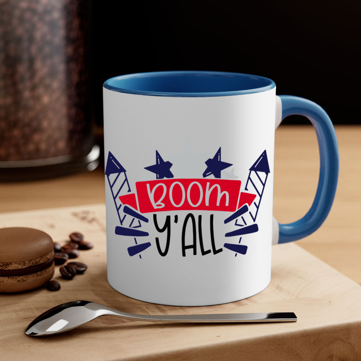Boom Yall Style 146# Mug featuring a glossy finish with a colored handle and interior, available in multiple colors for 4th of July celebrations.