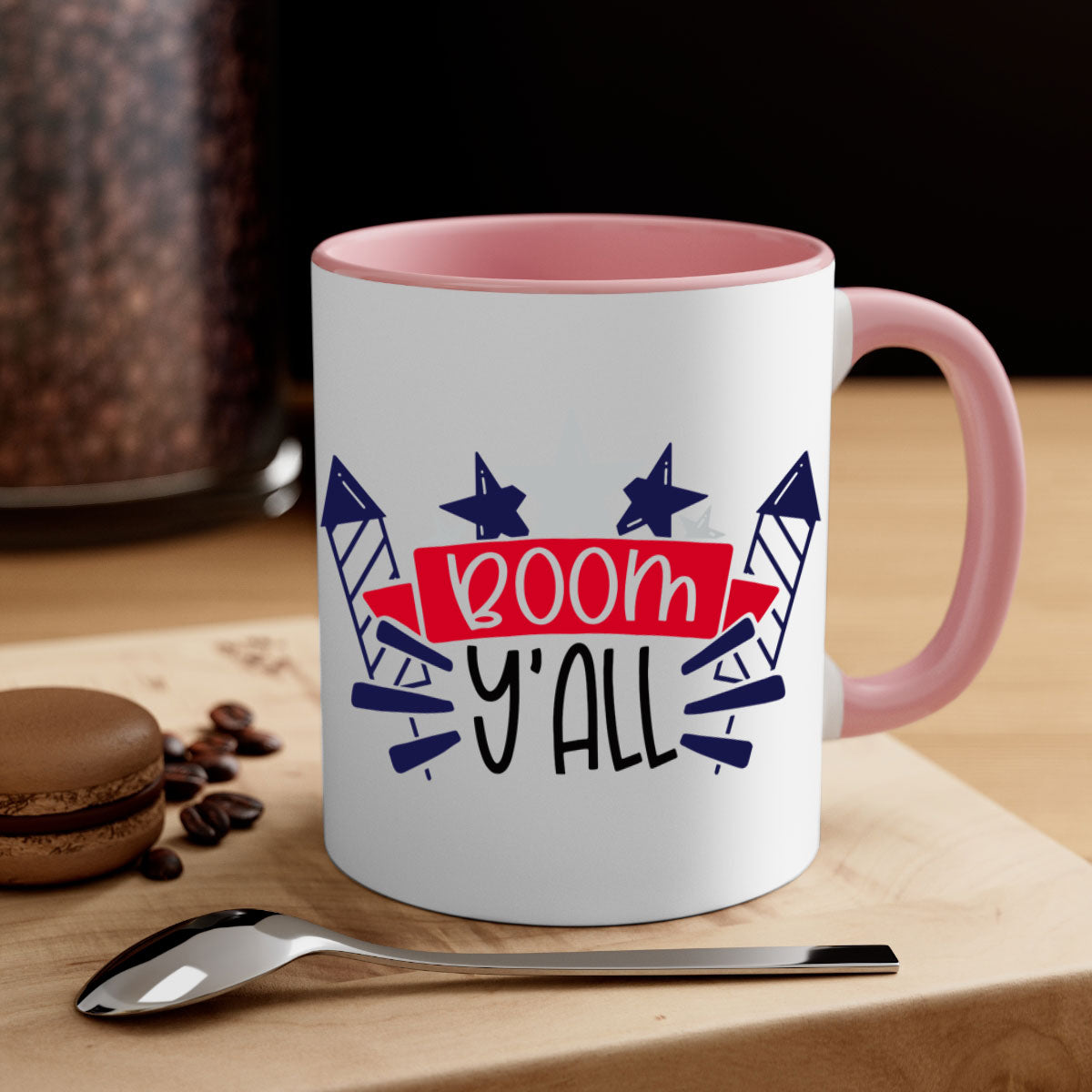 Boom Yall Style 146# Mug featuring a glossy finish with a colored handle and interior, available in multiple colors for 4th of July celebrations.