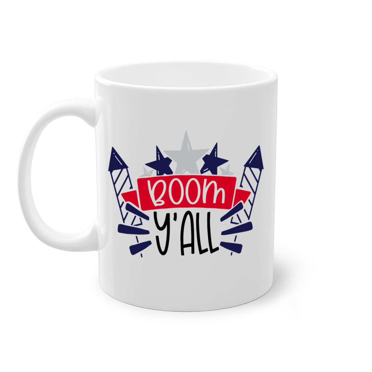 Boom Yall Style 146# Mug featuring a glossy finish with a colored handle and interior, available in multiple colors for 4th of July celebrations.