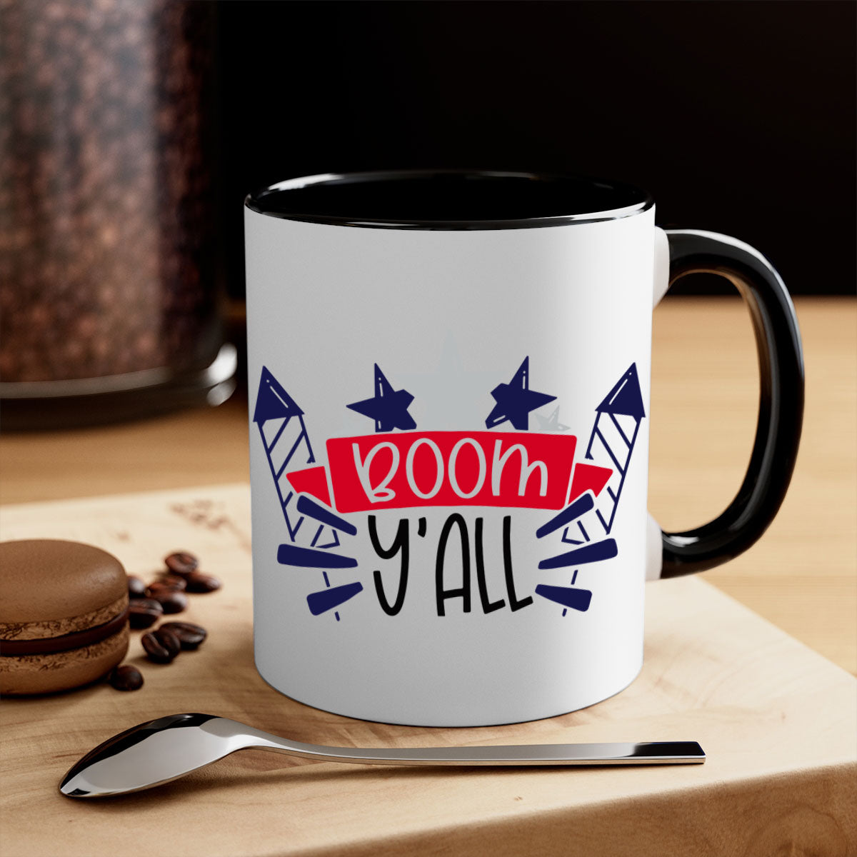 Boom Yall Style 146# Mug featuring a glossy finish with a colored handle and interior, available in multiple colors for 4th of July celebrations.