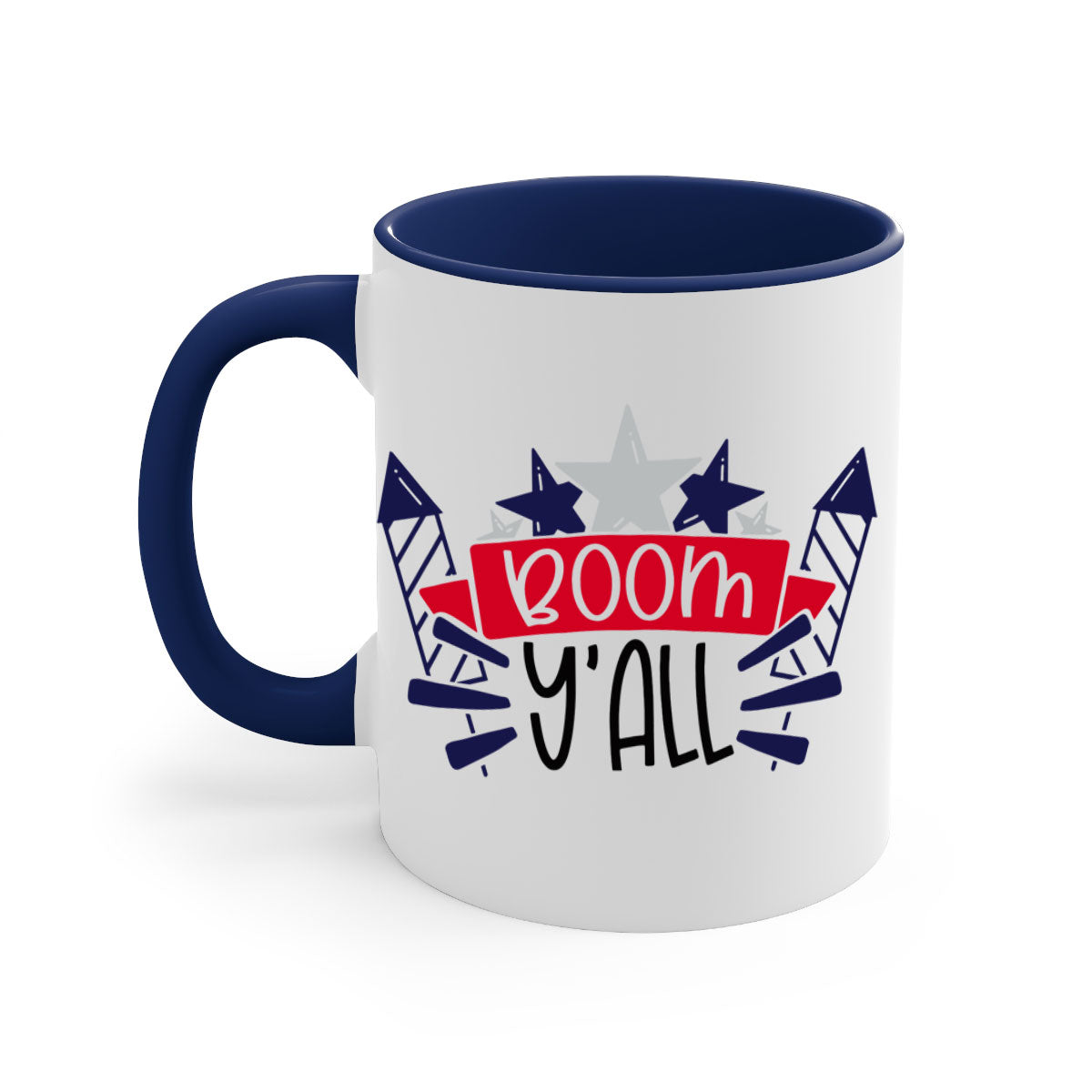 Boom Yall Style 146# Mug featuring a glossy finish with a colored handle and interior, available in multiple colors for 4th of July celebrations.