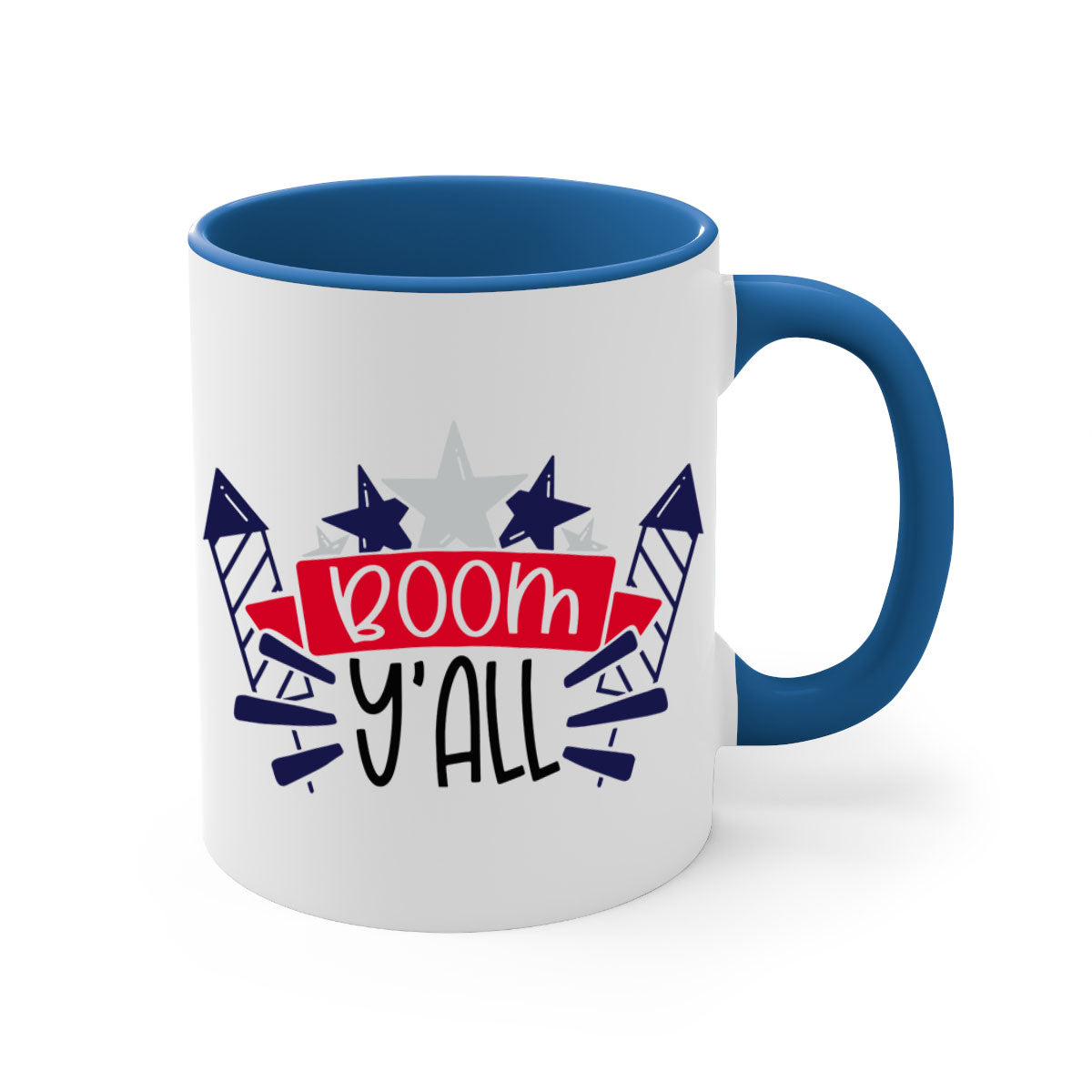 Boom Yall Style 146# Mug featuring a glossy finish with a colored handle and interior, available in multiple colors for 4th of July celebrations.