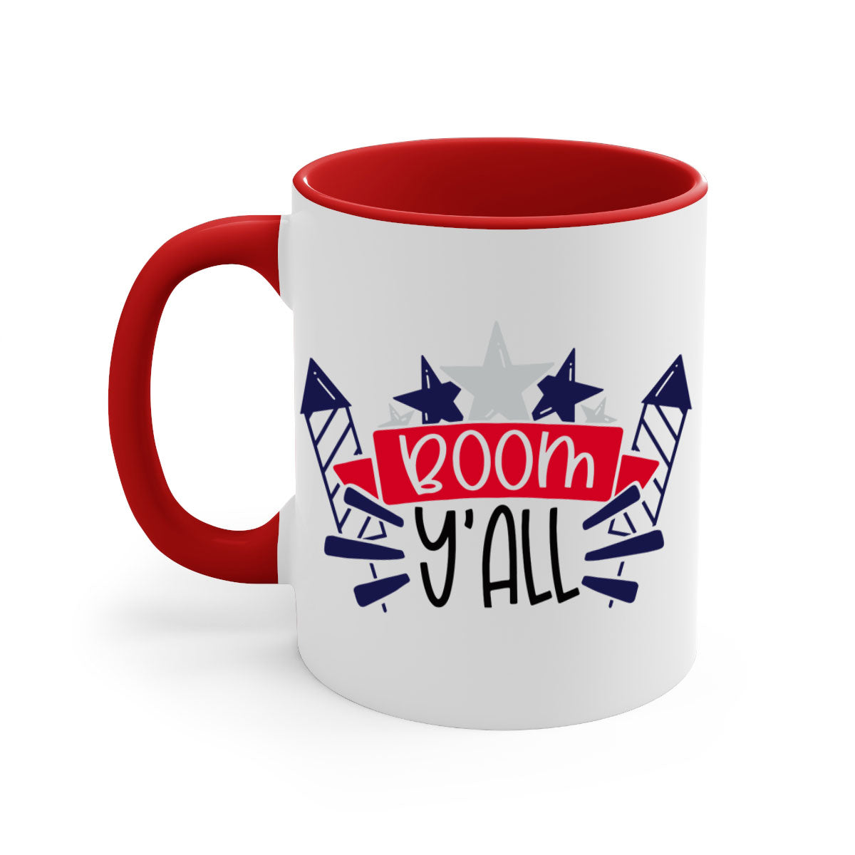 Boom Yall Style 146# Mug featuring a glossy finish with a colored handle and interior, available in multiple colors for 4th of July celebrations.