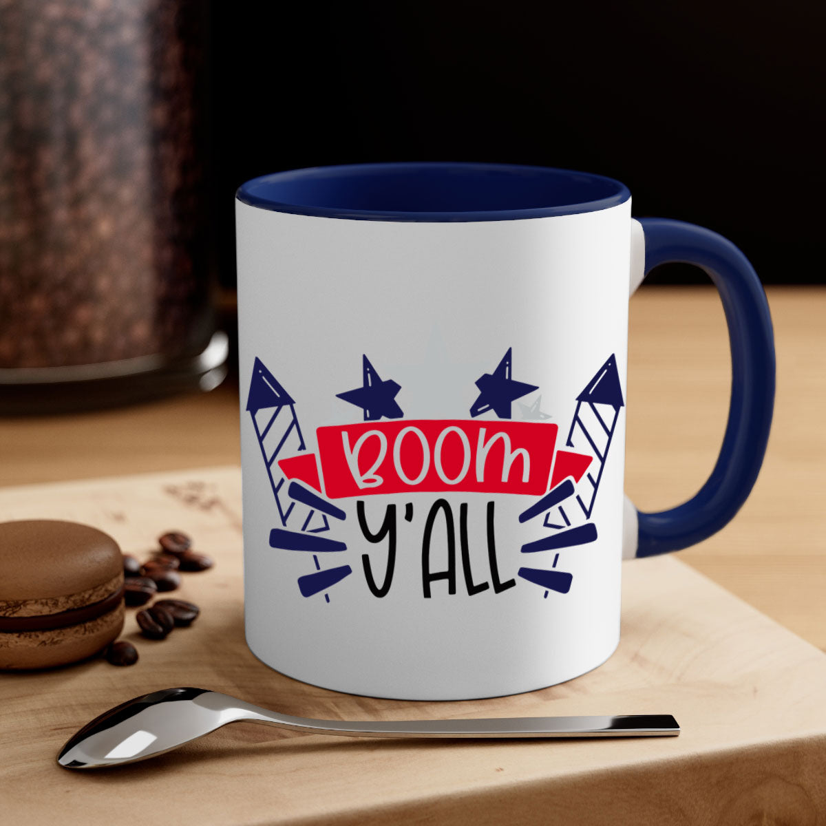 Boom Yall Style 146# Mug featuring a glossy finish with a colored handle and interior, available in multiple colors for 4th of July celebrations.