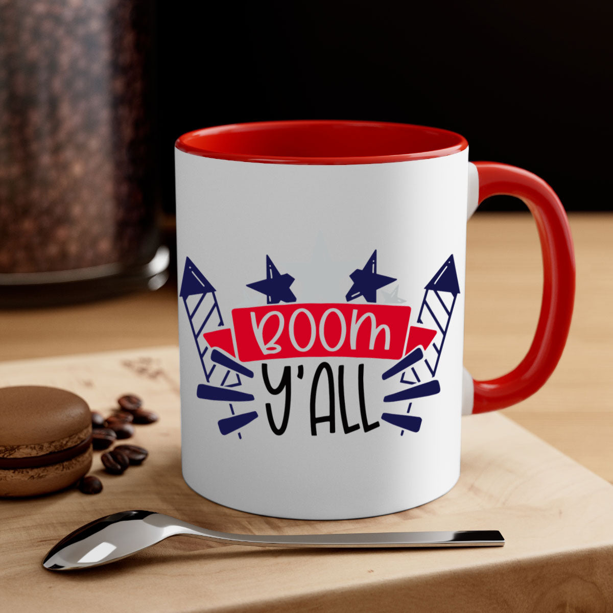 Boom Yall Style 146# Mug featuring a glossy finish with a colored handle and interior, available in multiple colors for 4th of July celebrations.
