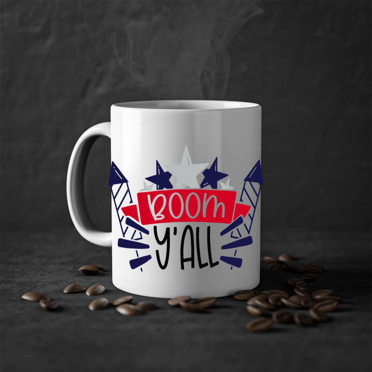 Boom Yall Style 146# Mug featuring a glossy finish with a colored handle and interior, available in multiple colors for 4th of July celebrations.