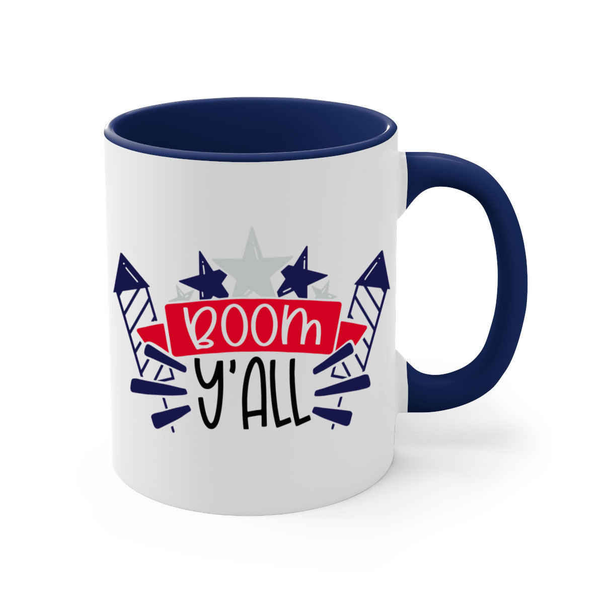 Boom Yall Style 146# Mug featuring a glossy finish with a colored handle and interior, available in multiple colors for 4th of July celebrations.