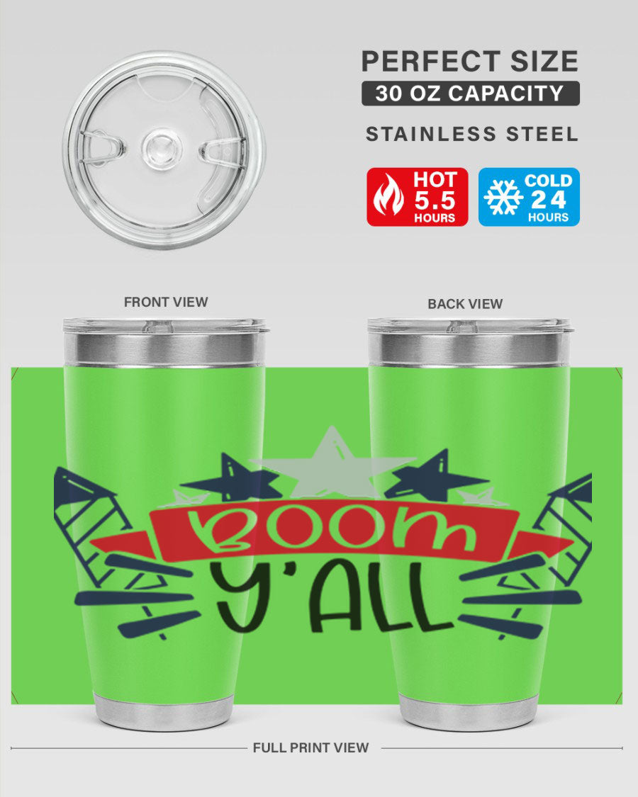Boom Yall Style 146# Tumbler featuring a patriotic design, double wall vacuum insulation, and a press-in lid, perfect for hot and cold beverages.