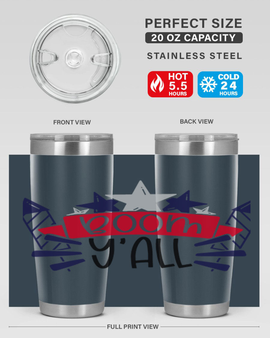 Boom Yall Style 146# Tumbler featuring a patriotic design, double wall vacuum insulation, and a press-in lid, perfect for hot and cold beverages.
