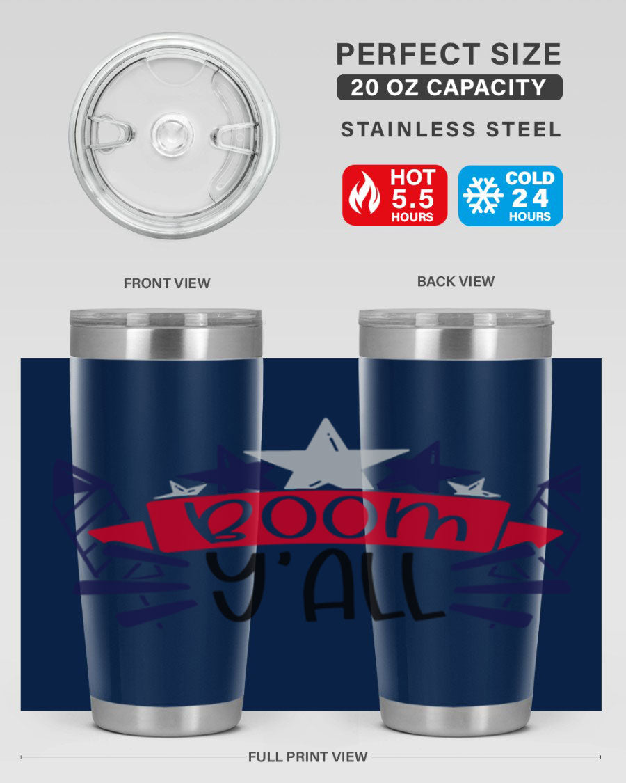 Boom Yall Style 146# Tumbler featuring a patriotic design, double wall vacuum insulation, and a press-in lid, perfect for hot and cold beverages.