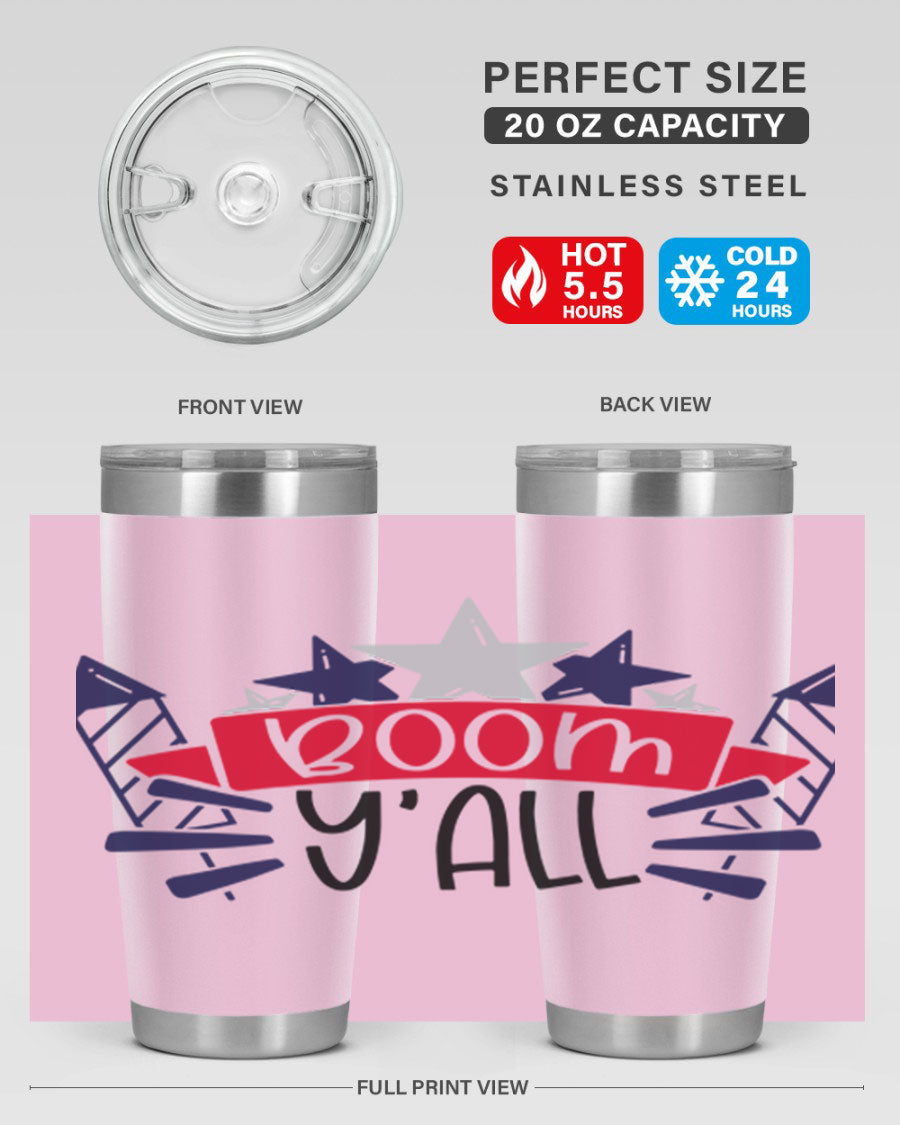 Boom Yall Style 146# Tumbler featuring a patriotic design, double wall vacuum insulation, and a press-in lid, perfect for hot and cold beverages.