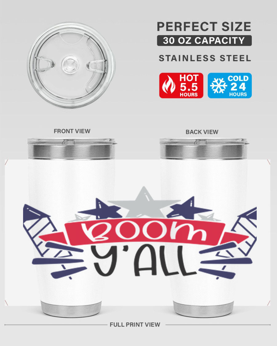 Boom Yall Style 146# Tumbler featuring a patriotic design, double wall vacuum insulation, and a press-in lid, perfect for hot and cold beverages.