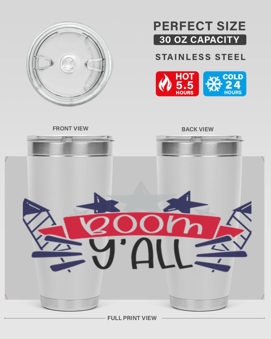 Boom Yall Style 146# Tumbler featuring a patriotic design, double wall vacuum insulation, and a press-in lid, perfect for hot and cold beverages.