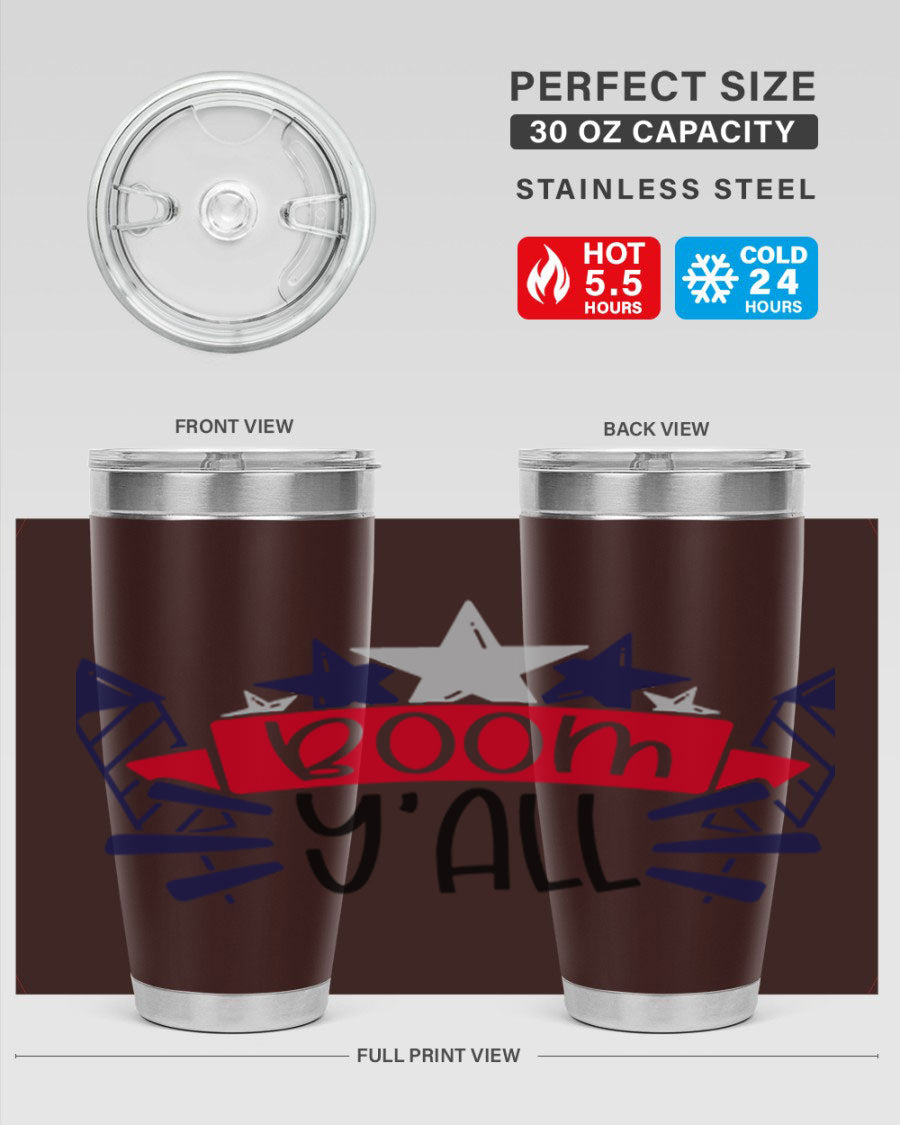 Boom Yall Style 146# Tumbler featuring a patriotic design, double wall vacuum insulation, and a press-in lid, perfect for hot and cold beverages.