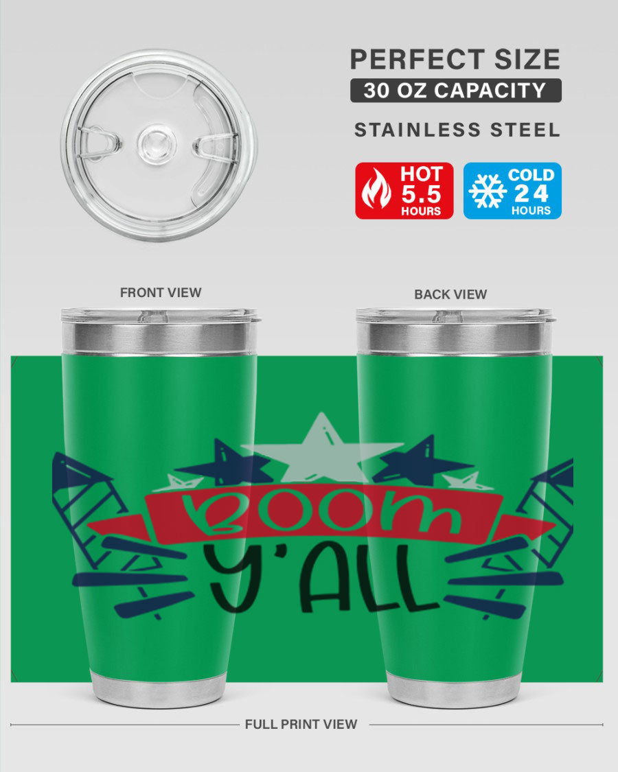 Boom Yall Style 146# Tumbler featuring a patriotic design, double wall vacuum insulation, and a press-in lid, perfect for hot and cold beverages.