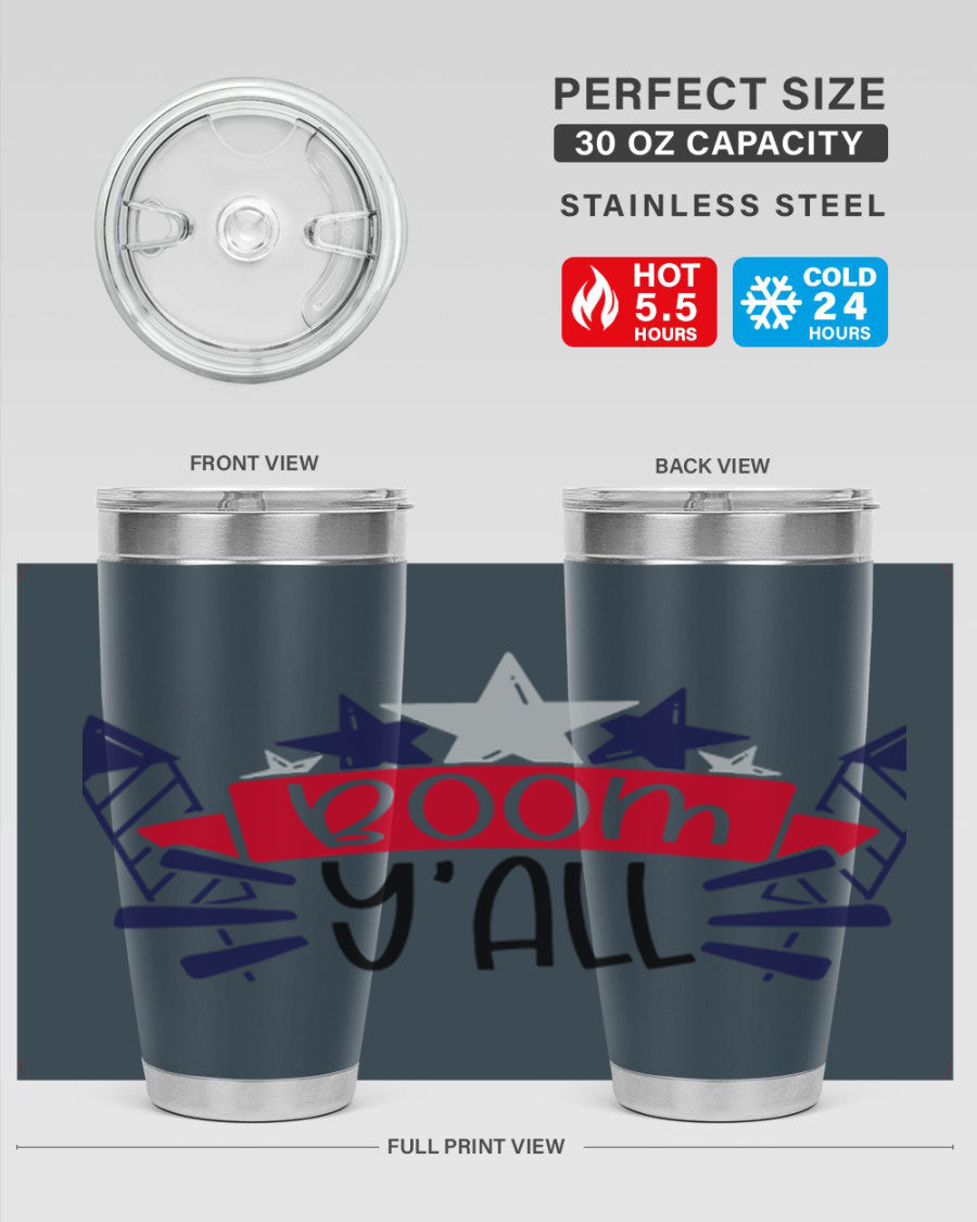 Boom Yall Style 146# Tumbler featuring a patriotic design, double wall vacuum insulation, and a press-in lid, perfect for hot and cold beverages.