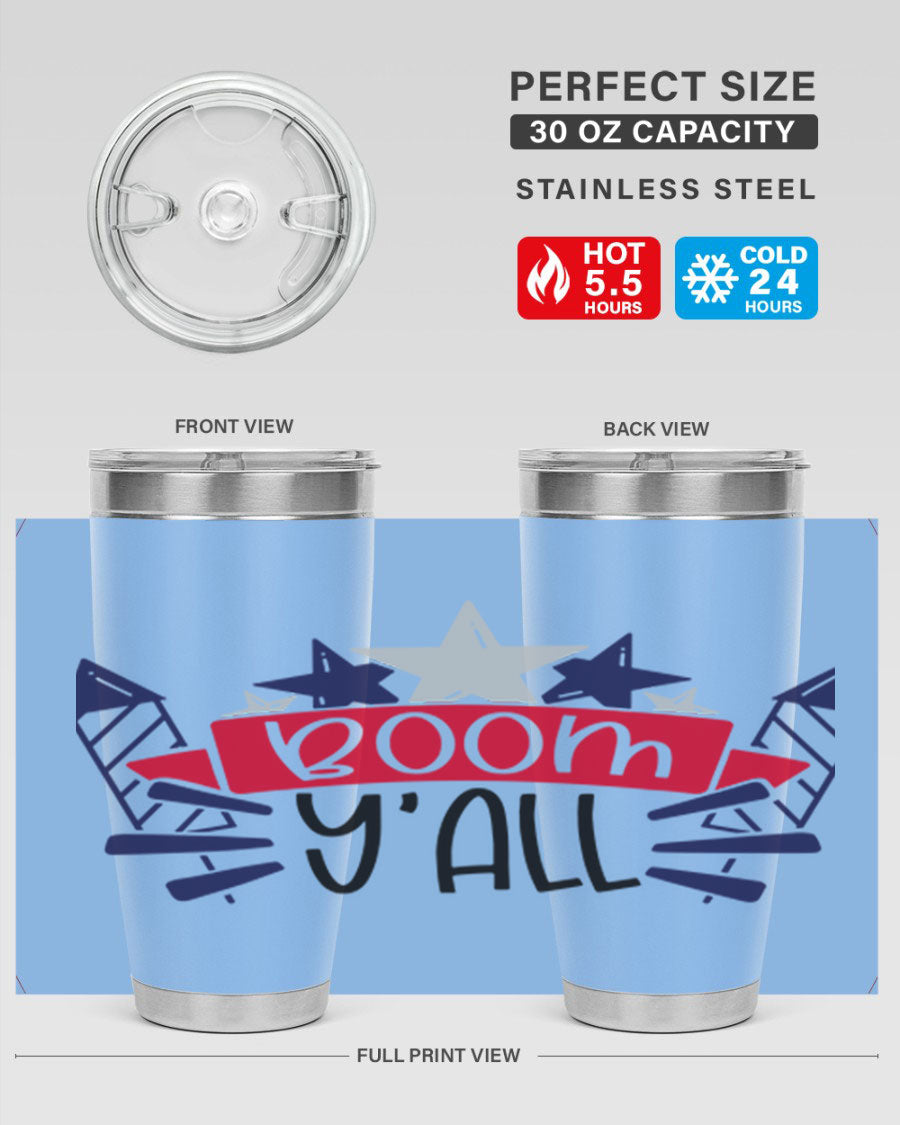 Boom Yall Style 146# Tumbler featuring a patriotic design, double wall vacuum insulation, and a press-in lid, perfect for hot and cold beverages.
