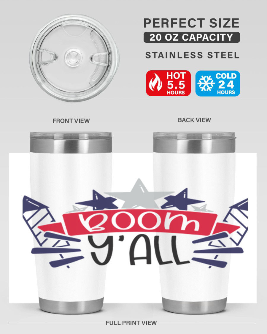 Boom Yall Style 146# Tumbler featuring a patriotic design, double wall vacuum insulation, and a press-in lid, perfect for hot and cold beverages.