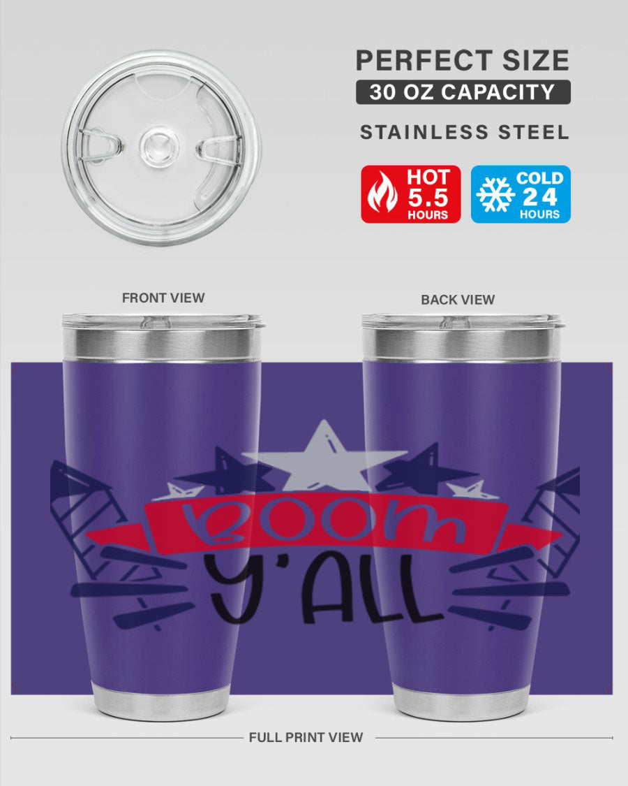 Boom Yall Style 146# Tumbler featuring a patriotic design, double wall vacuum insulation, and a press-in lid, perfect for hot and cold beverages.