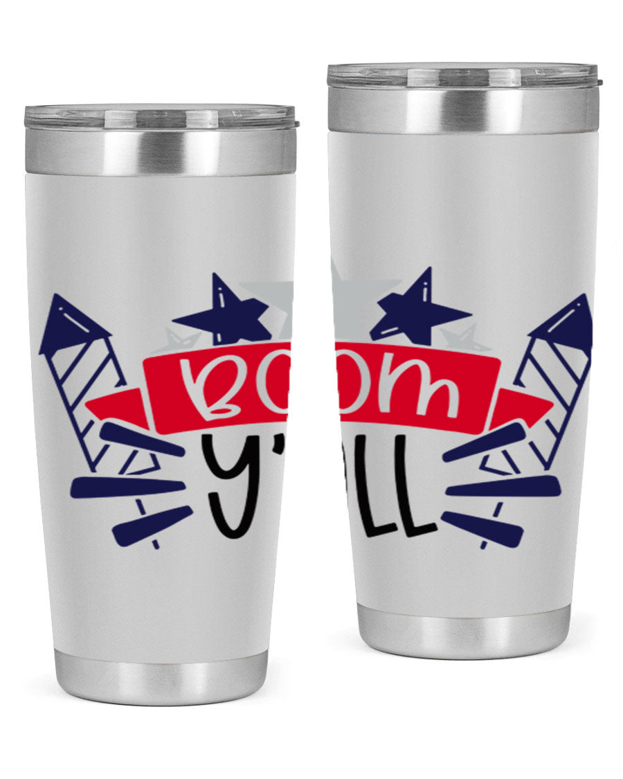 Boom Yall Style 146# Tumbler featuring a patriotic design, double wall vacuum insulation, and a press-in lid, perfect for hot and cold beverages.
