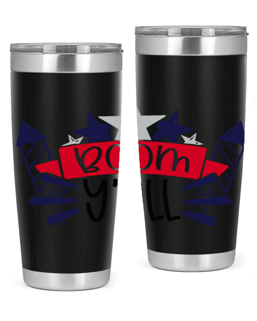 Boom Yall Style 146# Tumbler featuring a patriotic design, double wall vacuum insulation, and a press-in lid, perfect for hot and cold beverages.