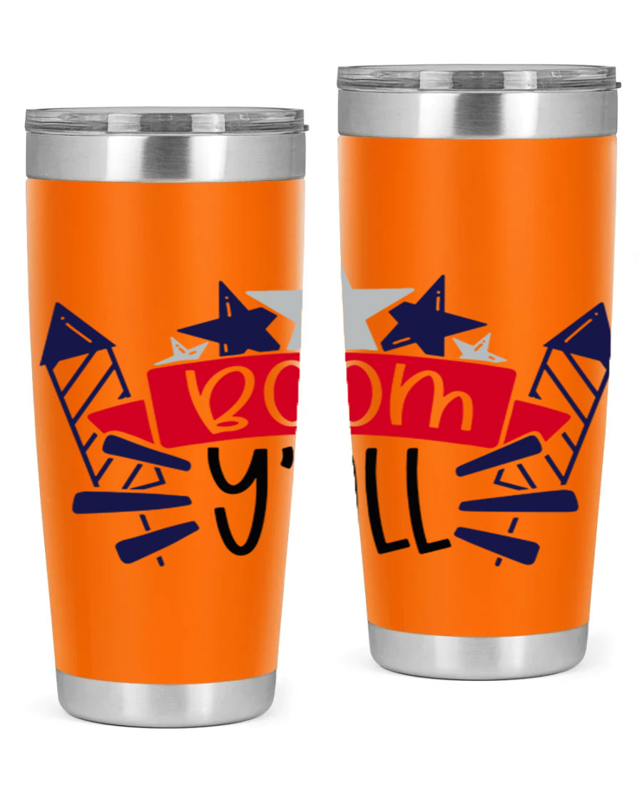 Boom Yall Style 146# Tumbler featuring a patriotic design, double wall vacuum insulation, and a press-in lid, perfect for hot and cold beverages.