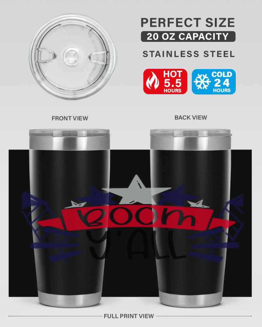 Boom Yall Style 146# Tumbler featuring a patriotic design, double wall vacuum insulation, and a press-in lid, perfect for hot and cold beverages.