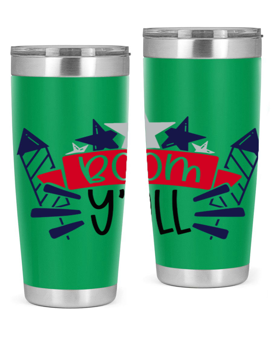 Boom Yall Style 146# Tumbler featuring a patriotic design, double wall vacuum insulation, and a press-in lid, perfect for hot and cold beverages.