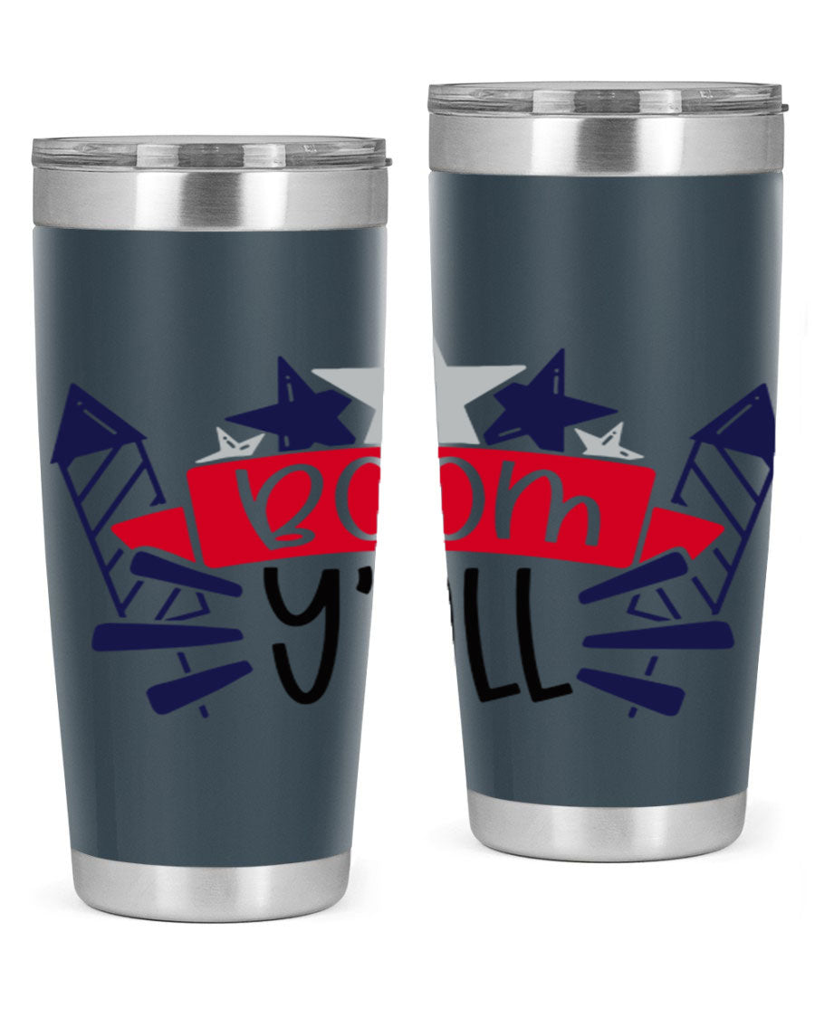 Boom Yall Style 146# Tumbler featuring a patriotic design, double wall vacuum insulation, and a press-in lid, perfect for hot and cold beverages.