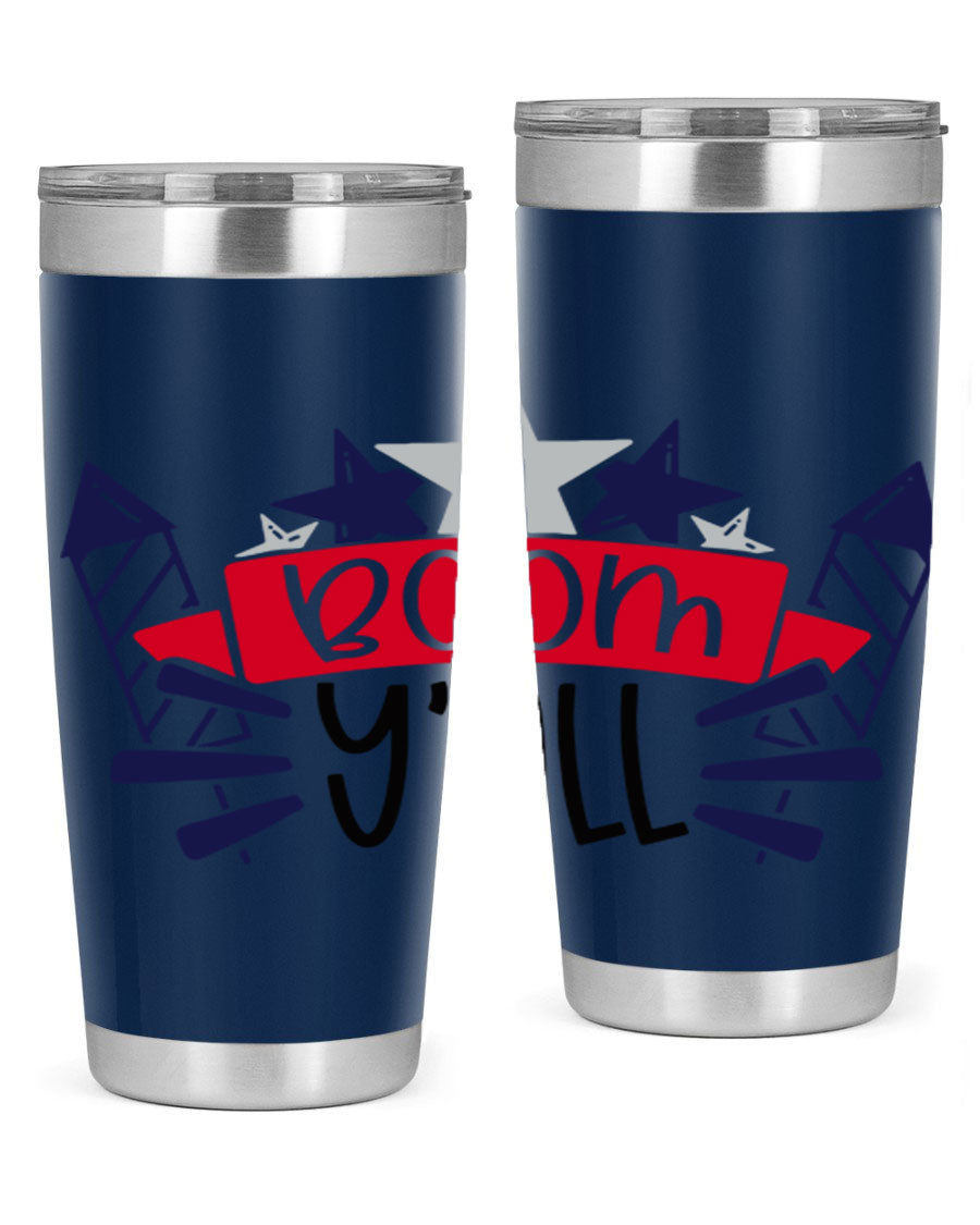 Boom Yall Style 146# Tumbler featuring a patriotic design, double wall vacuum insulation, and a press-in lid, perfect for hot and cold beverages.