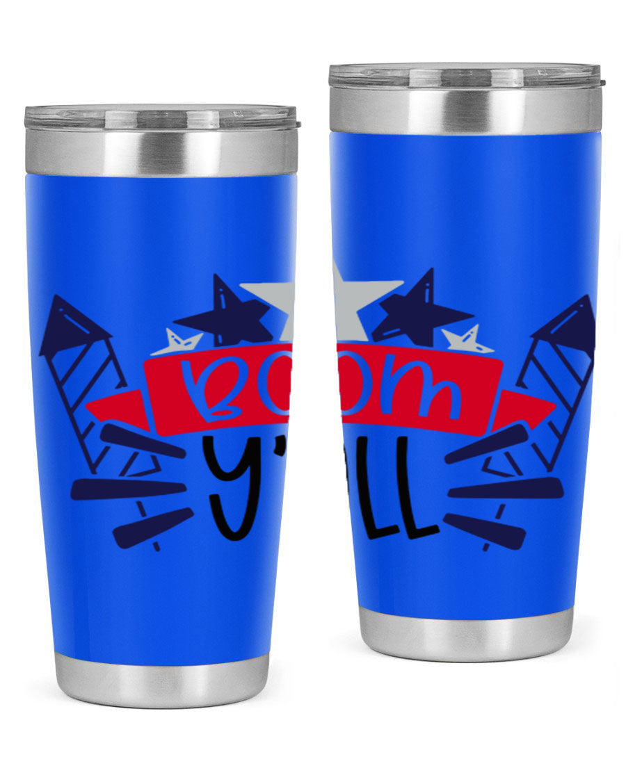Boom Yall Style 146# Tumbler featuring a patriotic design, double wall vacuum insulation, and a press-in lid, perfect for hot and cold beverages.