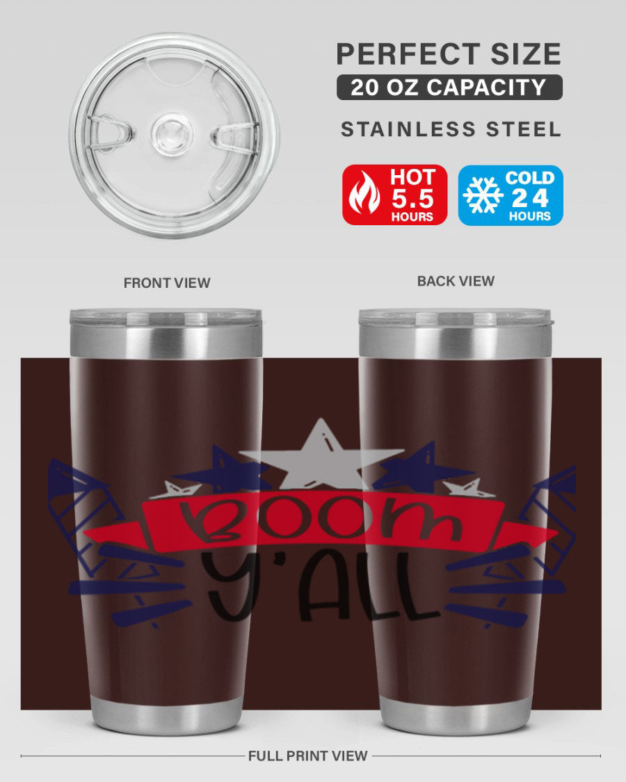 Boom Yall Style 146# Tumbler featuring a patriotic design, double wall vacuum insulation, and a press-in lid, perfect for hot and cold beverages.