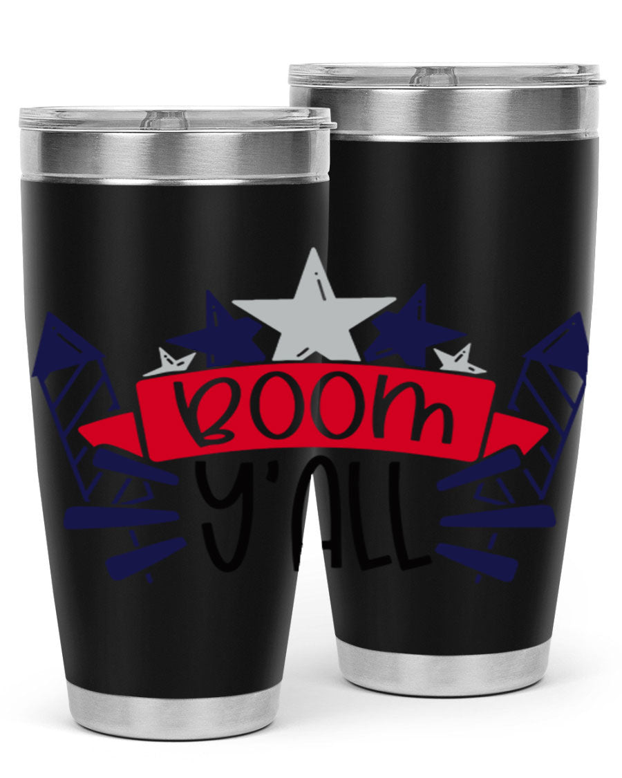 Boom Yall Style 146# Tumbler featuring a patriotic design, double wall vacuum insulation, and a press-in lid, perfect for hot and cold beverages.