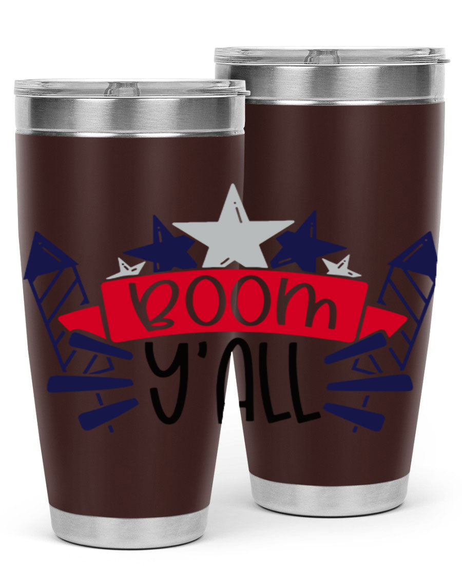 Boom Yall Style 146# Tumbler featuring a patriotic design, double wall vacuum insulation, and a press-in lid, perfect for hot and cold beverages.