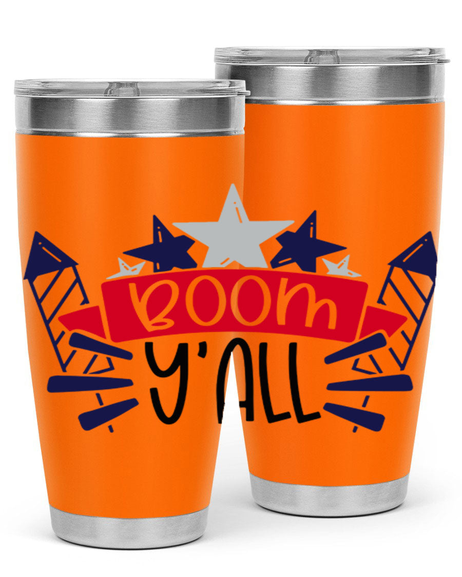 Boom Yall Style 146# Tumbler featuring a patriotic design, double wall vacuum insulation, and a press-in lid, perfect for hot and cold beverages.