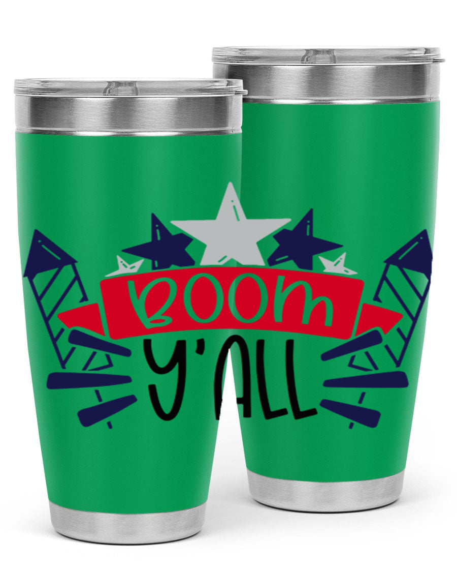 Boom Yall Style 146# Tumbler featuring a patriotic design, double wall vacuum insulation, and a press-in lid, perfect for hot and cold beverages.