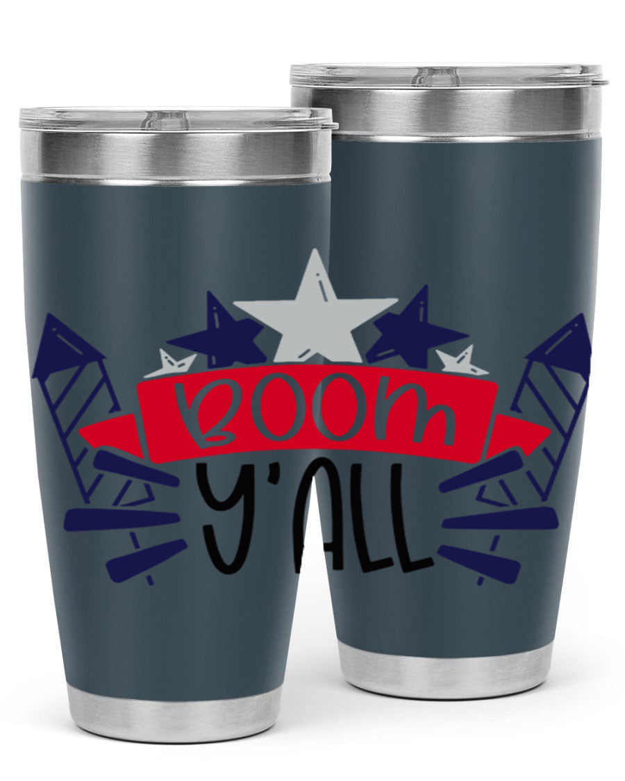 Boom Yall Style 146# Tumbler featuring a patriotic design, double wall vacuum insulation, and a press-in lid, perfect for hot and cold beverages.