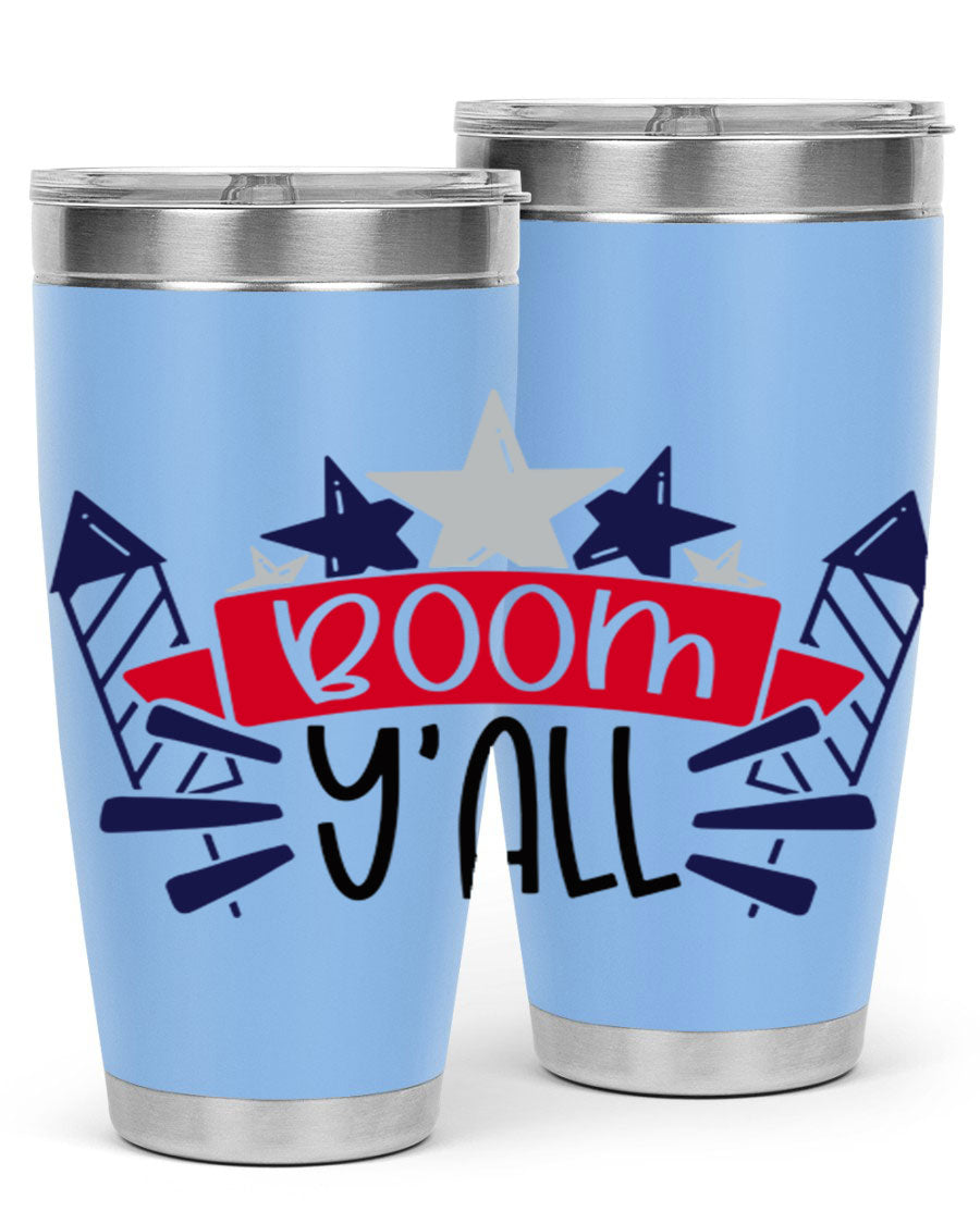 Boom Yall Style 146# Tumbler featuring a patriotic design, double wall vacuum insulation, and a press-in lid, perfect for hot and cold beverages.