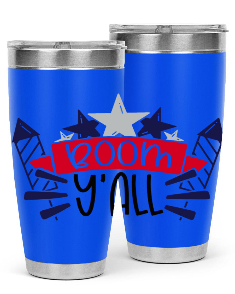 Boom Yall Style 146# Tumbler featuring a patriotic design, double wall vacuum insulation, and a press-in lid, perfect for hot and cold beverages.