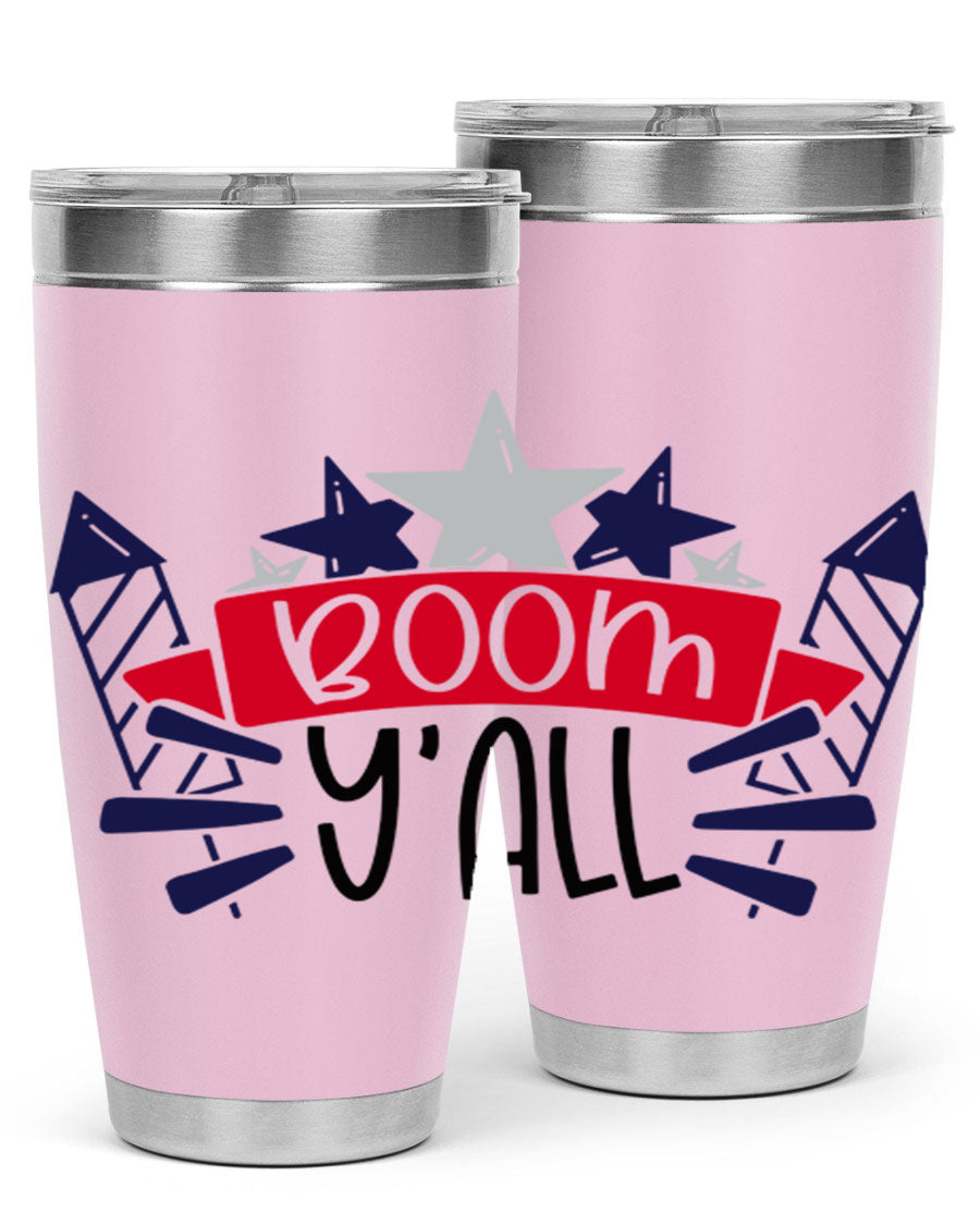 Boom Yall Style 146# Tumbler featuring a patriotic design, double wall vacuum insulation, and a press-in lid, perfect for hot and cold beverages.