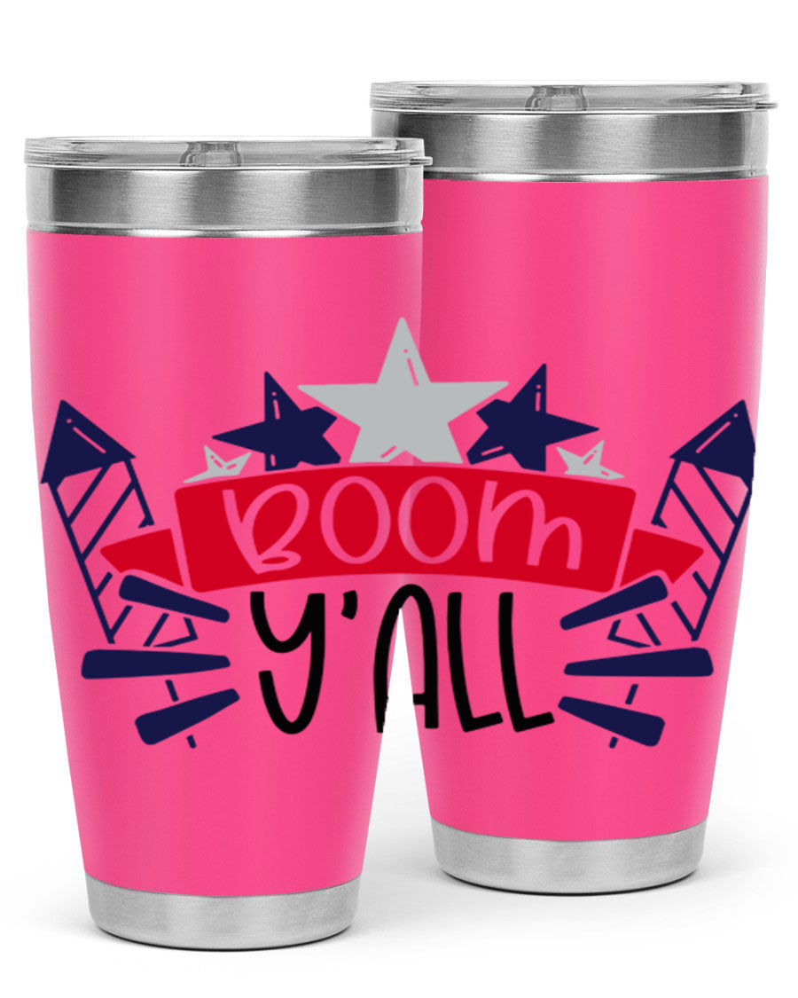 Boom Yall Style 146# Tumbler featuring a patriotic design, double wall vacuum insulation, and a press-in lid, perfect for hot and cold beverages.