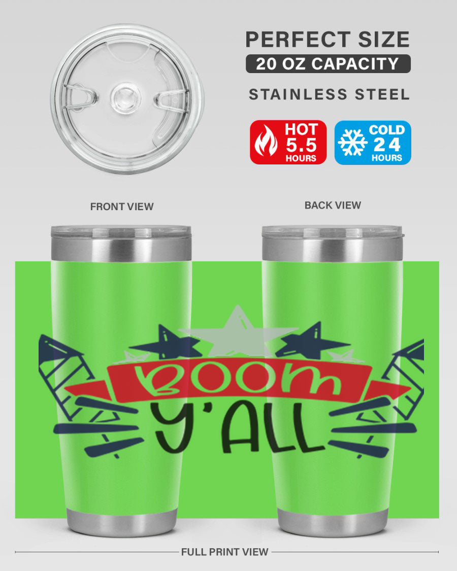 Boom Yall Style 146# Tumbler featuring a patriotic design, double wall vacuum insulation, and a press-in lid, perfect for hot and cold beverages.
