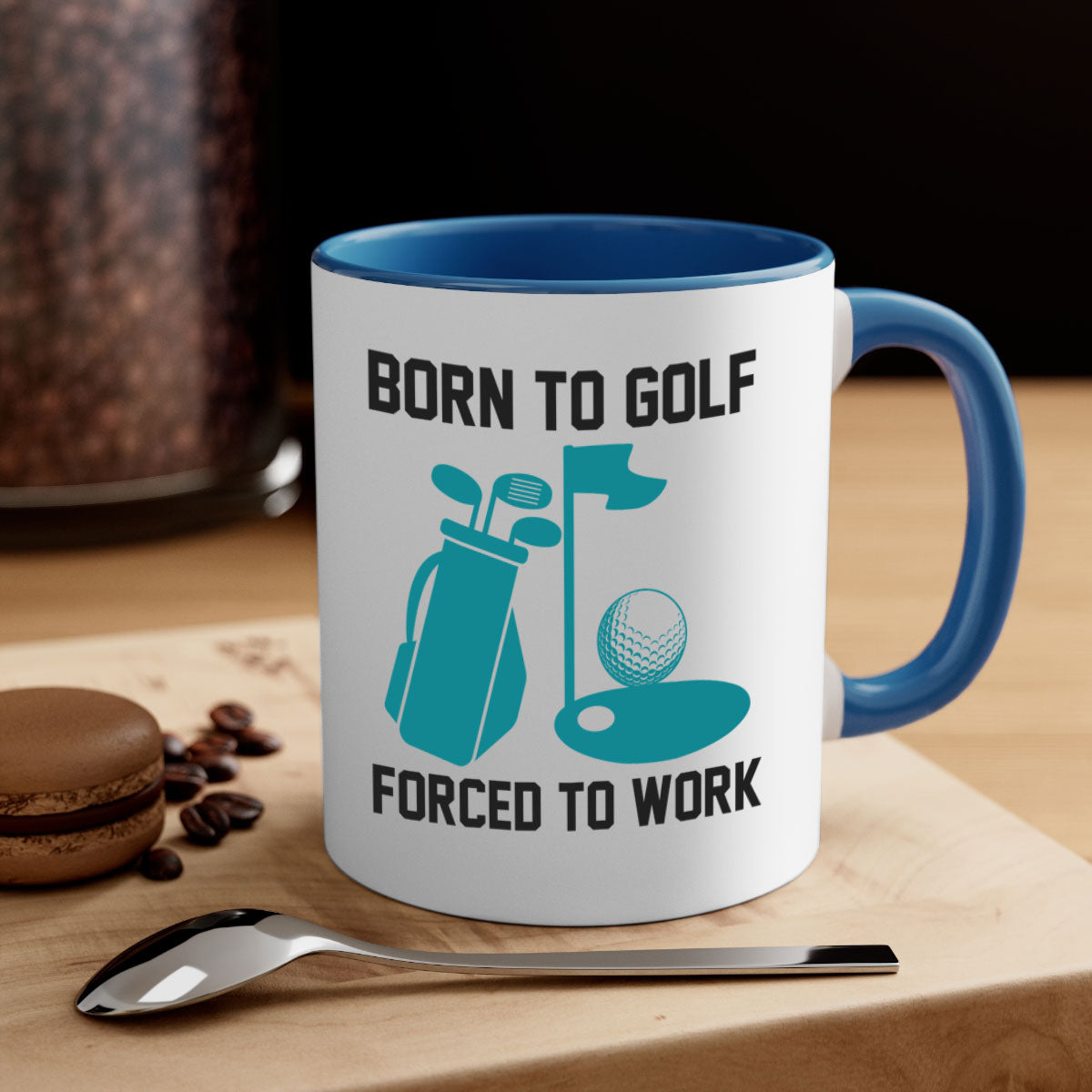 Born to 1409# golf mug featuring a glossy finish, colored handle, and interior, available in multiple colors and sizes.