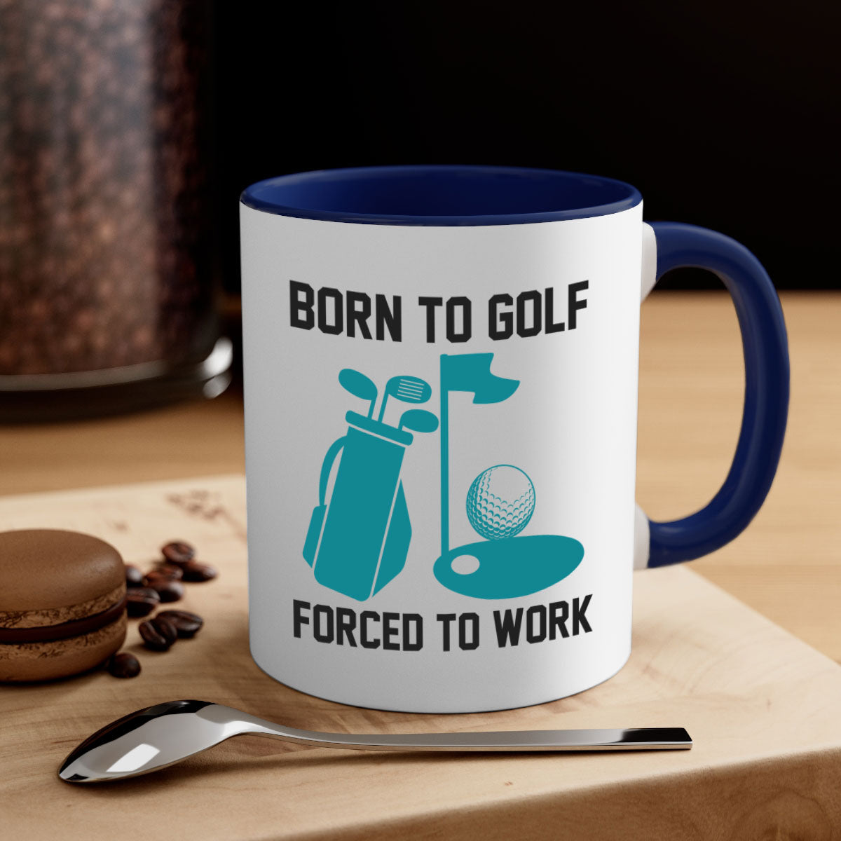 Born to 1409# golf mug featuring a glossy finish, colored handle, and interior, available in multiple colors and sizes.