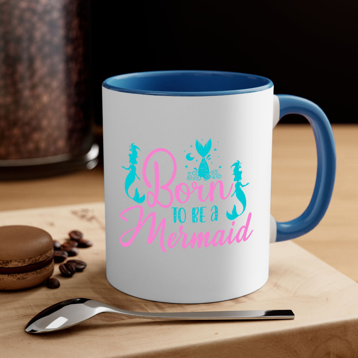Born To Be A Mermaid mug featuring a glossy finish, colored handle, and interior, available in five vibrant colors.