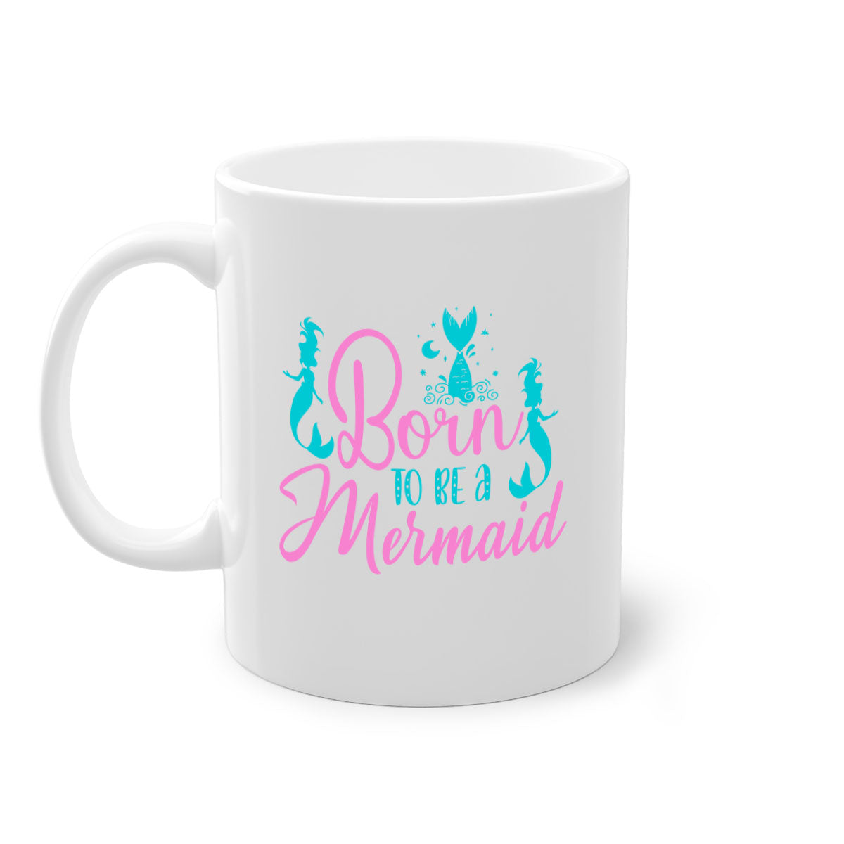 Born To Be A Mermaid mug featuring a glossy finish, colored handle, and interior, available in five vibrant colors.